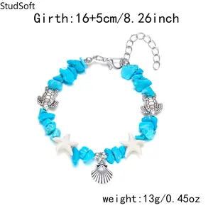 Blue Turquoise Chip Anklet for Women, Starfish Shell Charm Beaded Ankle Bracelet, Summer Beach Vacation Foot Jewelry