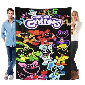 Smiling Critters Fashion Art Print Cartoon Anime Plush Blanket, Super Soft Flannel Travel Throw for Outdoor Camping & Car, Cozy Portable Nap Cover, Nostalgic Birthday & Graduation Gift, Trendy Gamer Room Decor