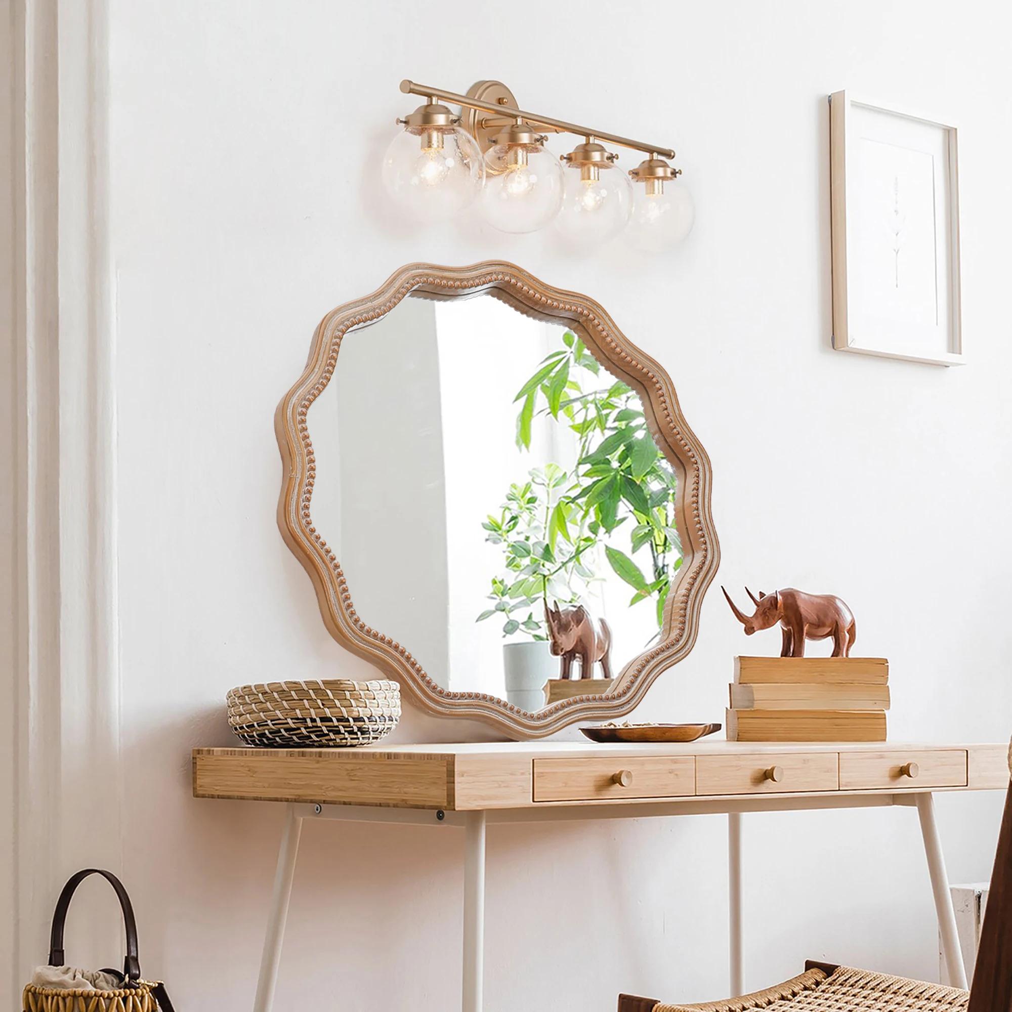 23.62 Inches Classic Design Large Circle Wall Mirror Wood Framed Hanging Wavy Scalloped Mirror for Home Decorative Use