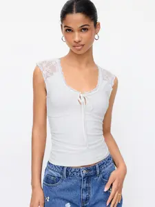 Cider Cotton-blend Scoop Neck Lace Panel Tie-front Tank Top