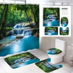 1/4pcs Lush Tropical Waterfall Forest Bathroom Decor Set - Serene Shower Curtain, Vibrant Toilet Lid Cover, Contoured Rug, Rectangular Bath Mat & Bathroom Decoration Accessories - Perfect for Summer Retreats and Relaxing Getaways in Your Home Oasis