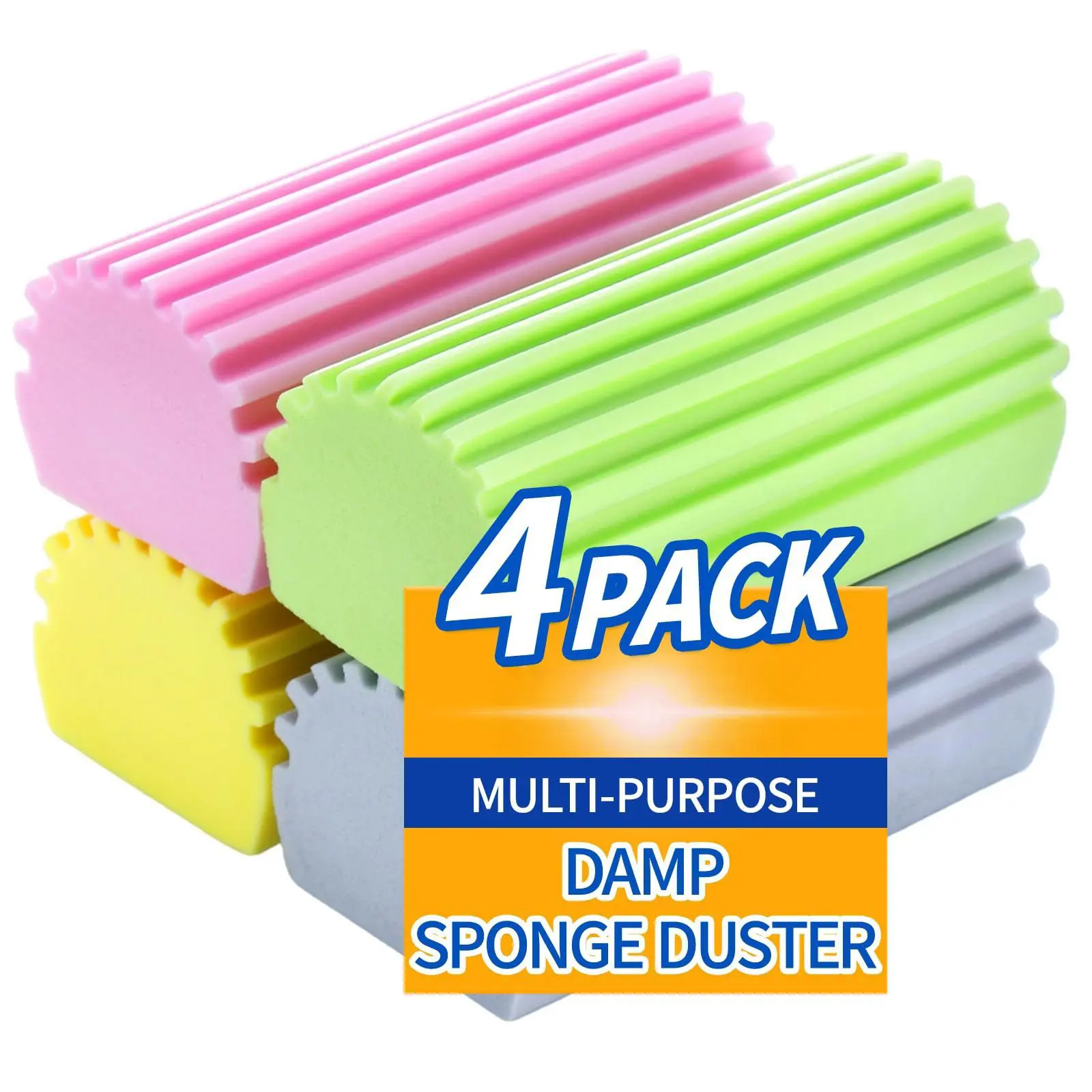 4 Pack Damp Sponge Duster, Reusable Multi Purpose Wet Cleaning Sponge Eraser for Baseboards, Window Sills, Blinds, Car Interior, Dust Removal Sponge Cleaner for Home & Auto（Colors Shipped Randomly）