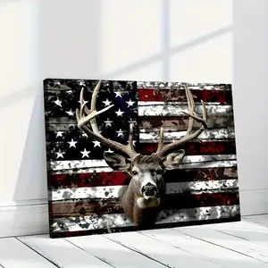 2D Flat, 1pc Rustic American Flag & Deer Hunting Art Poster - Thick Wood Framed Waterproof Canvas Wall Decor, Patriotic Wildlife Stag (Male Deer) with Antlers - Farmhouse, for Cave, Cabin Decor - Unique Gift for Outdoorsmen & Hunters, 2D Flat
