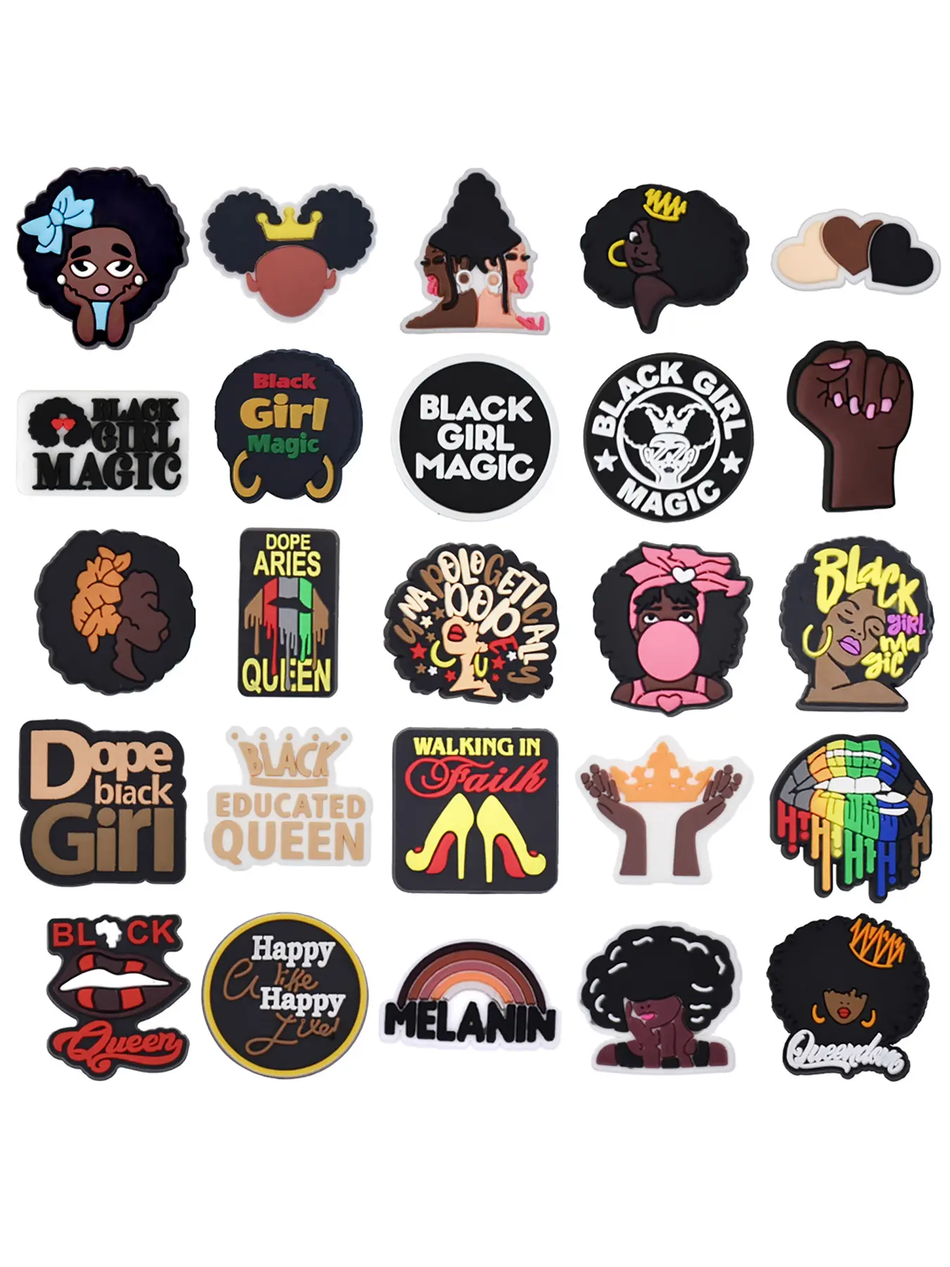 25pcs，pastic, afro hair image decorative shoe accessories, hip hop pattern shoe shoe charms are detachable, suitable for adult parties, birthdays, outdoor Fancy Sandals decorations, Shoe Charm Set