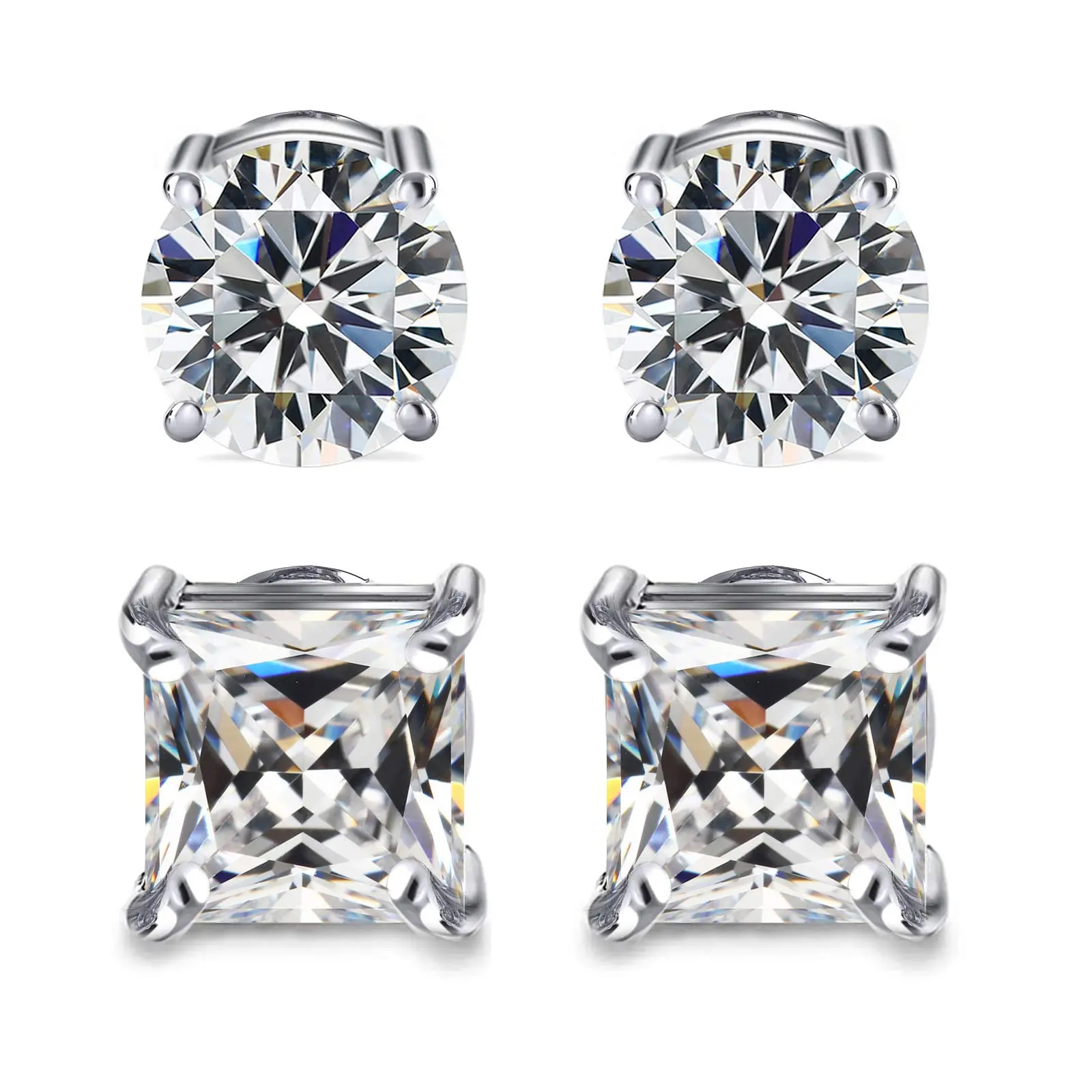 Magnetic Stud Earrings for Men Women, 2 Pairs 5-8mm Stainless Steel Set with Round Cubic Zirconia, Non-Piercing Hypoallergenic Christmas Birthday Valentine's Gift, Square Cubic Zirconia, Earrings Studs, Magnet Earrings