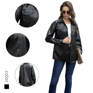 Women's Black Faux Leather Shirt Jacket - Button Front Shacket with Casual Chic Vibe