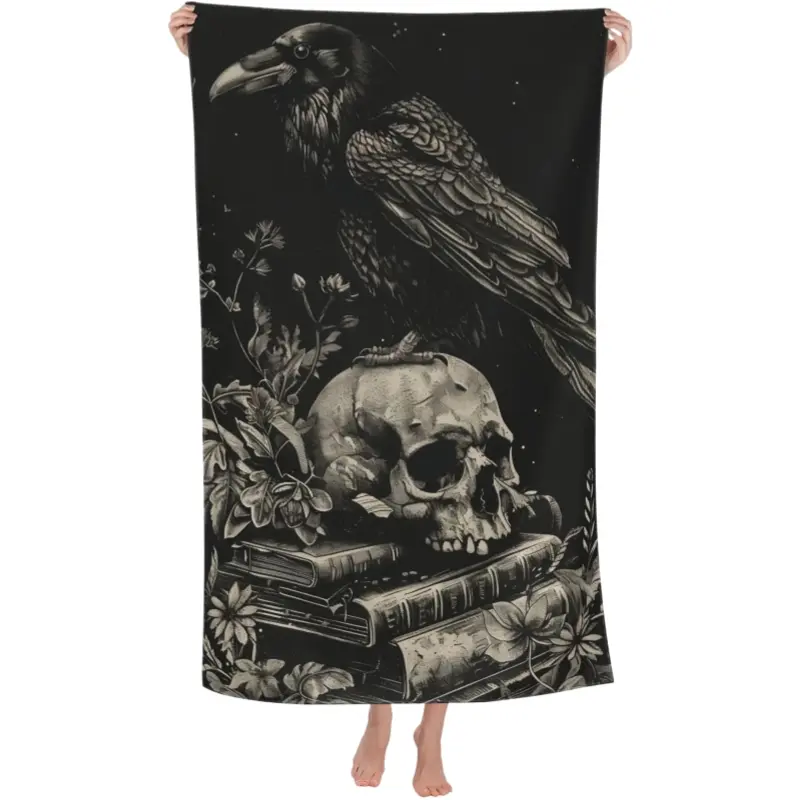Gothic Raven Skull Microfiber Beach Towel - Soft, Lightweight, Quick-Dry Hand Towel for Bathroom, Pool Use, Ideal Gift for Travel Enthusiasts