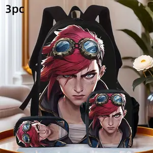 Durable Water Resistant 3-Piece Backpack Set for Kids, Lightweight School Bag with Lunch Box, Featuring Arcane Vi Red Hair Goggle Full-Print, Solid Black Background for League of Legends Anime Fans Daily School & Casual Use