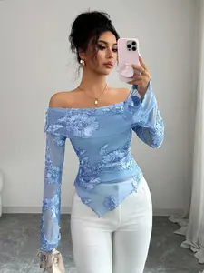 Blue Lace Floral Embroidered Flare Sleeve Top, Lightweight Commuter Chic Style Slimming Flare Shirt, Daily Gentle Feel