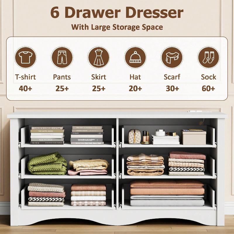 Furniwell Dresser With Power Outlet, 6 Drawers Dresser For Bedroom, Modern Chest Of Drawers, Wooden Dressers, TV Stand For Living Room,Closet, Hallway