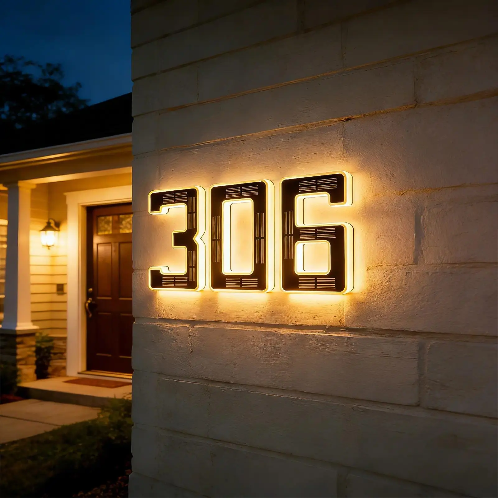 ISUNMEA Solar 6.7-Inch Residential House Number Light — Waterproof LED-illuminated outdoor address sign featuring 3500K warm white LEDs; a modern solar-powered digital plaque suitable for courtyards, streets, entryways, and decorative use.
