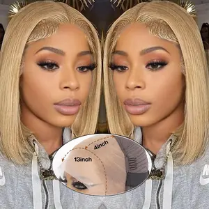GK #27 Honey Blonde Straight Bob Human Hair With Bangs 13X4 HD Transparent Lace Front Wigs Brazilian Remy Hair Blonde Short Bob With Bangs 200% Density Glueless Pre Plucked 27color Human Hair Wig