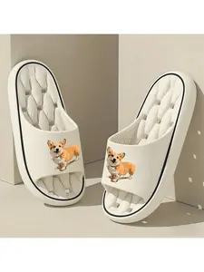 [ Product] 1 Pair Corgi Pattern Printed Slippers, Unisex, Thick Sole Pillow Slippers, Men'S, Women'S Slippers, EVA Sole, Lightweight Soft Open-Toe, Shower Shoes, Suitable for Indoor Outdoor Beachwear, Casual Style, All-Season, Women Shoes