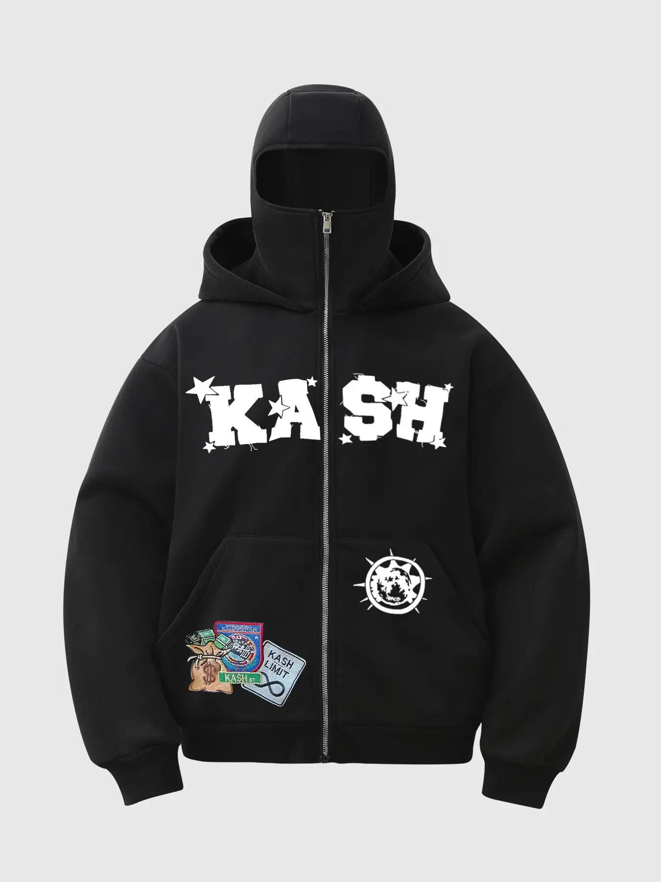 Men's Trendy Casual Full-Zip Knit Hoodie with Graphic Kash Print, Money Patch, and Balaclava Style, Loose Fit Streetwear Sweatshirt for Urban Life, Graphic Hoodies, Knitted Hoodie