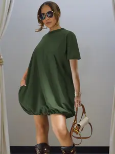 Elegant Midi Dress with Drawstring Waist, Button Closure, Pockets, Loose Fit, Short Sleeves, Casual Summer Dress for Women