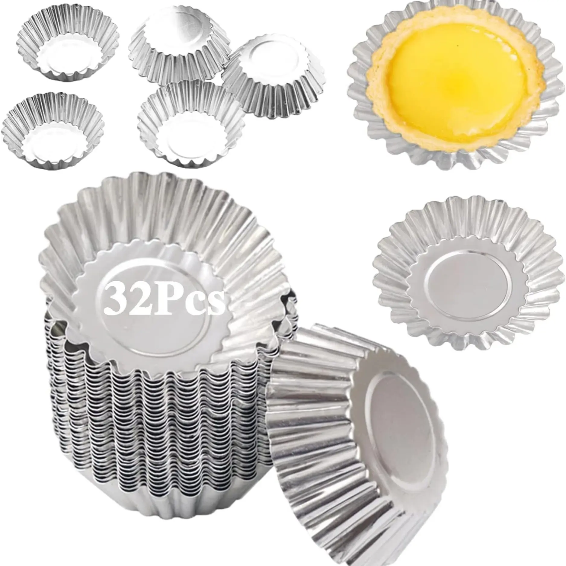 32Pack Egg Tart Molds Tart Pan 2.75inch, Mini Tart Tins Aluminium Mini Tart Pans for Baking