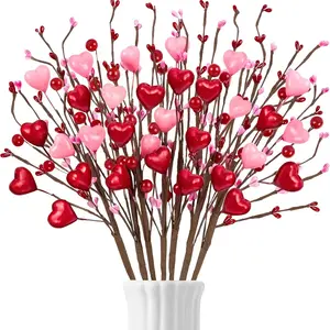 Valentine's Day Flower Bouquet Options, 17 Inch Valentine Floral Decorative Sticks, Heart Shape Berry Bouquets, Gift Vase Desktop Decoration, Artificial Flower Bouquet