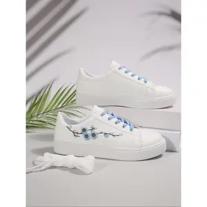 Women's Floral Embroidery Lace Up Sneakers, Casual Comfortable Breathable Sports Shoes, Female All-match Round Toe Shoes for Daily Wear