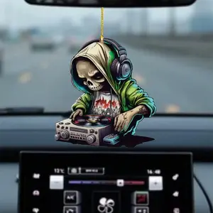 Skull & Music Player Design Car Hanging Ornament, Acrylic Car Rearview Mirror Pendant, Car Rear View Mirror Hanging Decoration, Car Accessory