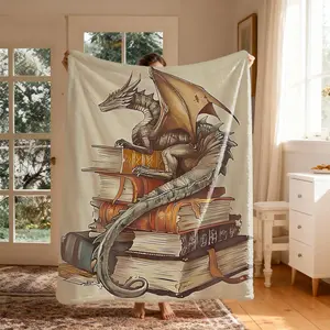 Dragon & Book Fantasy Flannel Throw Blanket, Large Size, Soft Lightweight Warm, Perfect for Bed Sofa Office Camping Travel, Christmas Gift