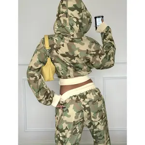 Street Retro Style swear Set, Color-Block Waistband Camouflage Pants and Zip-Up Hoodie Two-Piece Outfit, Women's Autumn/Winter Fashion Pants Set