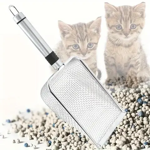 Stainless Steel Cat Litter Scoop with Fine Mesh Sieve, Large Plastic Handle Pet Grooming Tool, Efficient Cat Sand Cleaning Accessory, Litter Box Scooper