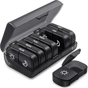 XL Weekly Pill Organizer 2 Times a Day, Pill Box 7 Day with One-Side Large Openings for Easy to Use, Black Privacy Protection AM PM Pill Case for Medication, Vitamins, Fish Oils, Supplements