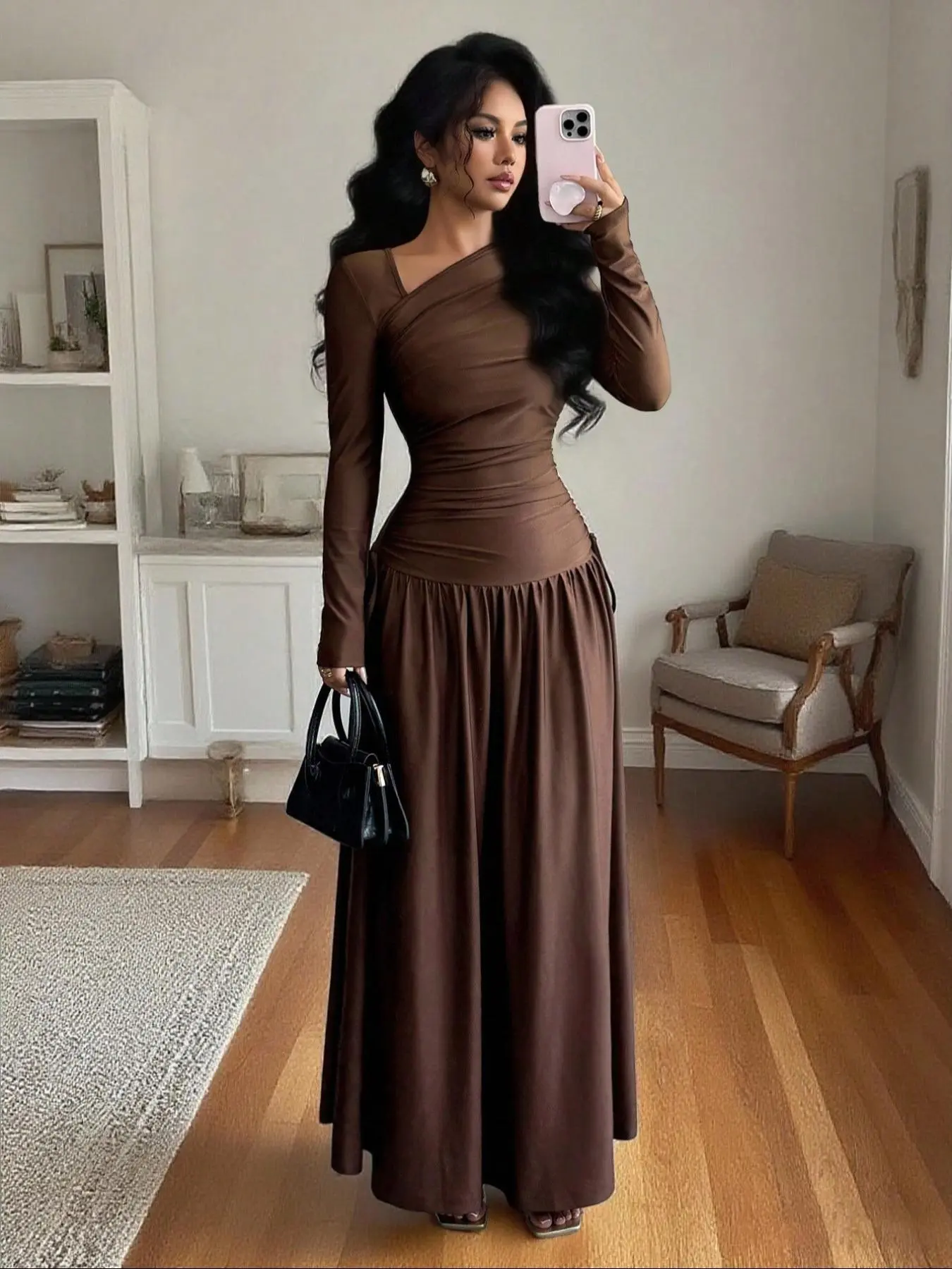 Women's Caramel Brown Asymmetrical Neckline Long-Sleeve Dress - Ruched Waist with Drawstring Detail, Slim-Fitting to Accent Curves, Flowy Maxi Skirt, Draped Fabric for Elegant Vibe, Perfect for Dates/Office/Light Parties - TikTok Shop Women's Caramel Brown Asymmetrical Neckline Long-Sleeve Dress - Ruched Waist with Drawstring Detail, Slim-Fitting to Accent Curves, Flowy Maxi Skirt, Draped Fabric for Elegant Vibe, Perfect for Dates/Office/Light Parties - TikTok Shop
