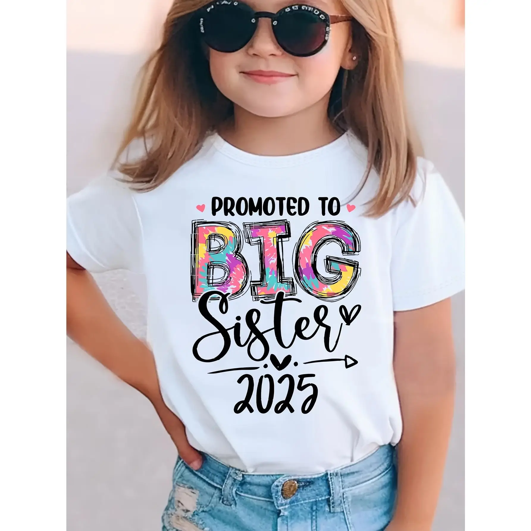 Promoted to Big Sister 2025" Girls' White Cotton T-Shirt - Casual Round Neck, Short Sleeve with Colorful Lettering, Soft & Stretchy Fabric, Ideal for