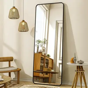 56"x21" Floor Full Length Mirror Standing Full  Rounded Corner Rectangle Mirrors with Stand  Wall Mounted Leaning Bedroom Living Room Bedroom Cloakroom,Black