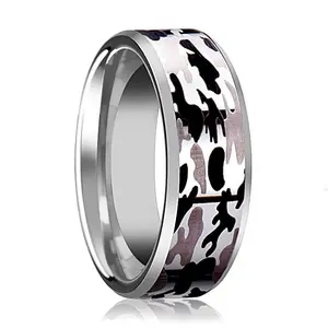 Tungsten Camo Ring - Black and Gray Camo  - Tungsten Wedding Band - Beveled - Polished Finish - 8mm - Tungsten Wedding Ring