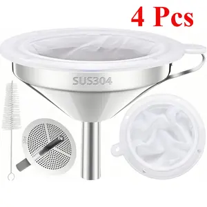 4 Pcs Funnel for Filling Bottles, 5 Inch Food Grade 18/8 Stainless Steel Kitchen Funnel with 200 Mesh Filter Strainer for Fryer Oil Grease Juice Milk Coffee