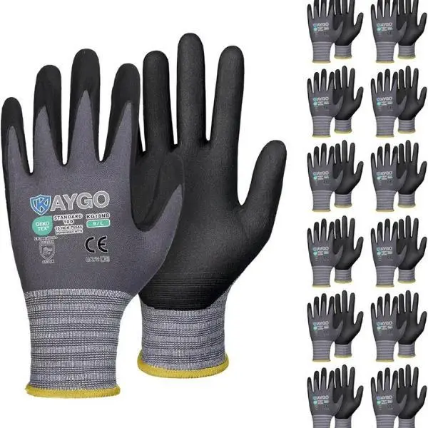 KAYGO Nylon Safety Work Gloves KG19NB – MicroFoam Nitrile Coated Palm, Comfortable Seamless Fit for Construction, Automotive Repair & Home Projects