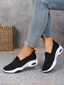Women's Black Knit Slip-On Chunky Flatform Sneakers, Casual Platform Walking Shoes for Daily Wear, Lightweight Casual Shoes