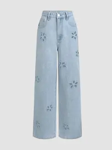 CIDER Women's Denim Mid Waist Floral Pocket Wide Leg Jeans