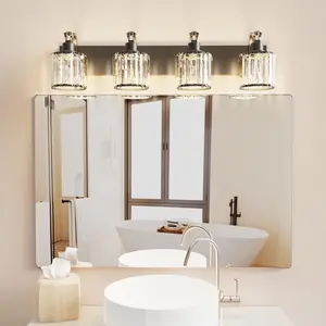 【Christmas Gift】3/4/5/6 Light Black Modern Crystal Table Lamp Mirror Headlight, Bathroom Vanity Lamp, Glass Mirror Vanity Shower Light, Crystal Bathroom Vanity Lighting Fixture, Round Lampshade, Suitable for Bathroom