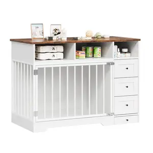 Heavy Duty Wooden Dog Crate Furniture End Table - Farmhouse Style Indoor Dog Bed with Storage Drawers & Food Bowls - Decorative Black or White Kennel for Medium & Small Dogs