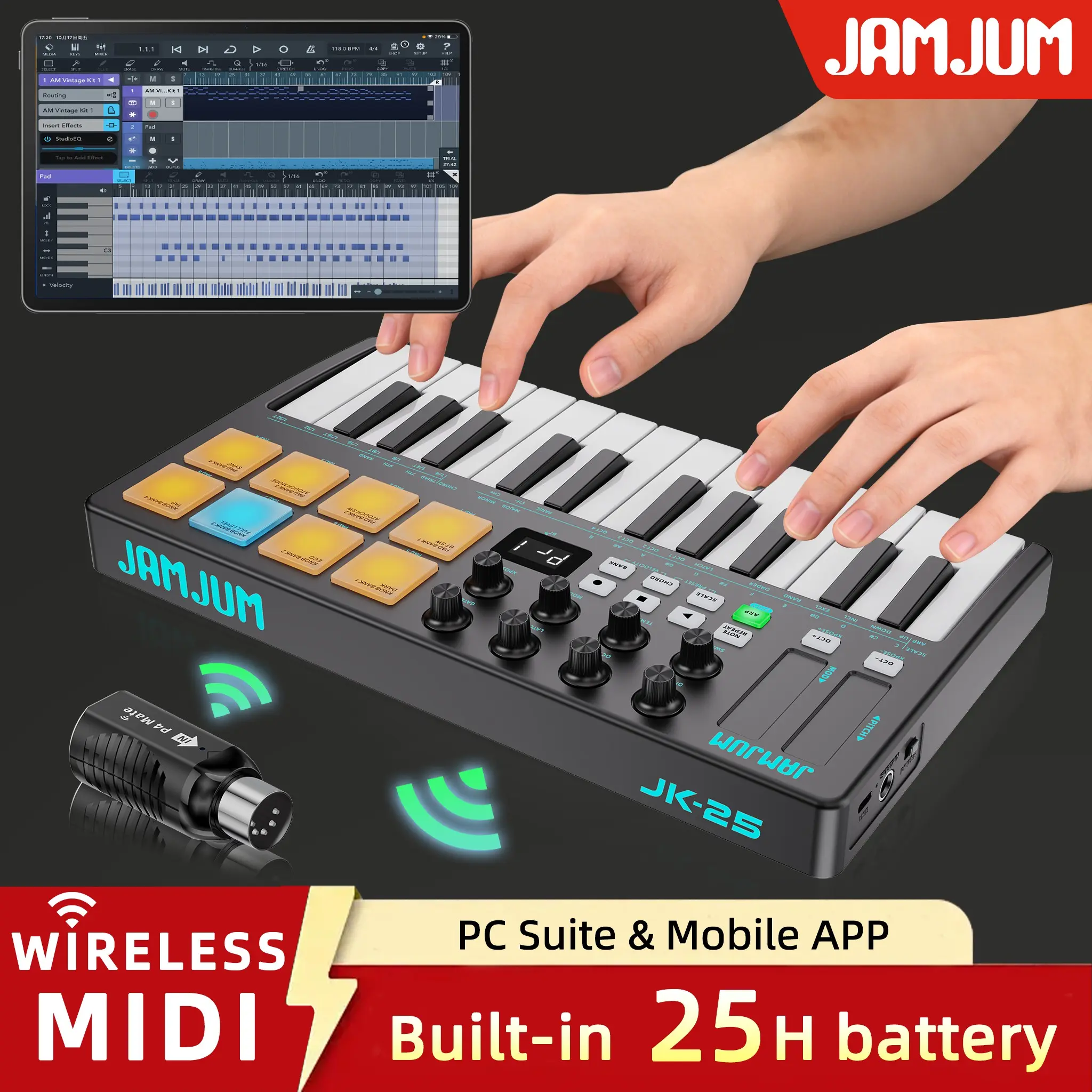 Jamjum 25-Key Midi Keyboard, Music Composition Controller, Electric Midi Controller with Mobile APP, Mid Receiver Included, Electronic Piano Keyboard
