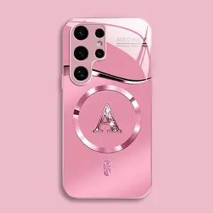 Suitable for [Galaxy S24 Ultra] high-end MagSafe phone case，Luxury Pink Metallic Magnetic Case Cute Bling Rhinestone Initial Letter  Aesthetic Shockproof Wireless Charging Cover 952