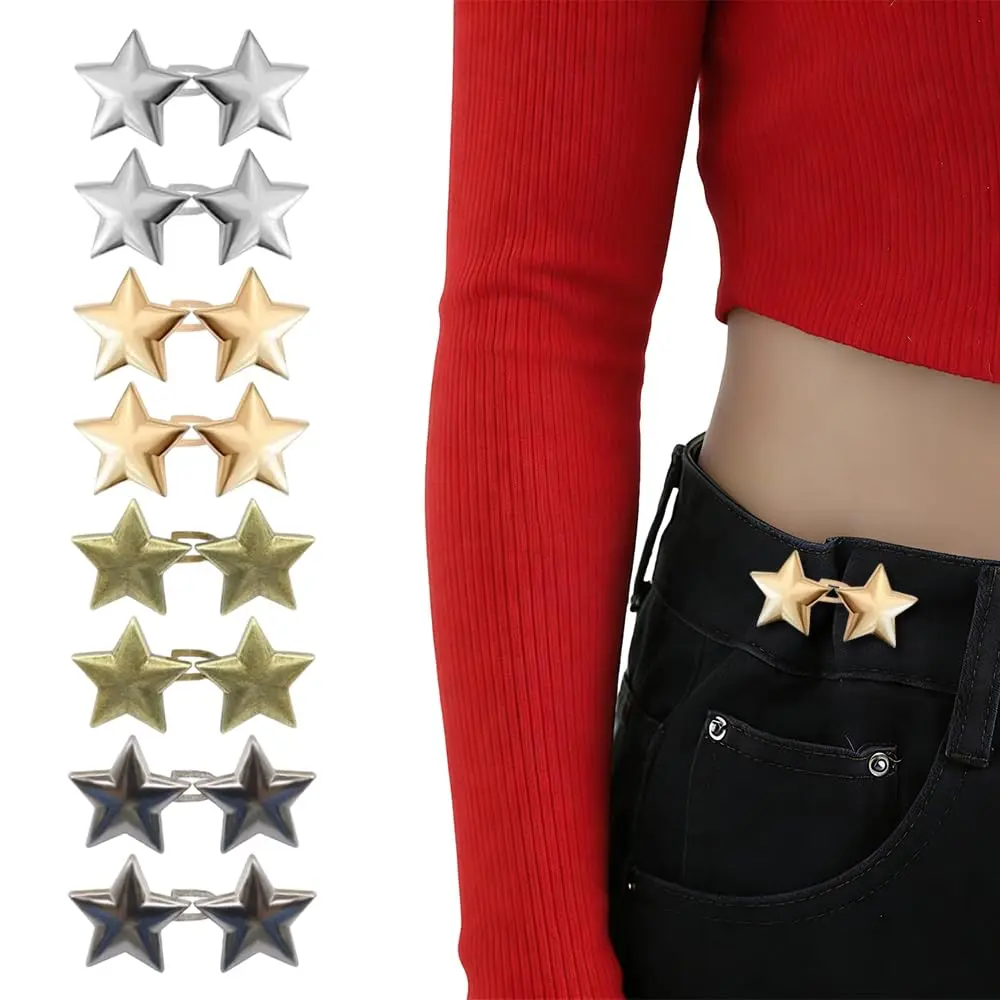 8-Sets Star Jean Waist Tightener Buckle Clips, Easy-to-Use No-Sew Detachable Pentacle Cinch Clips Button, Instant Adjustable Sewing Accessory for Loose Clothing Pocket Seamless
