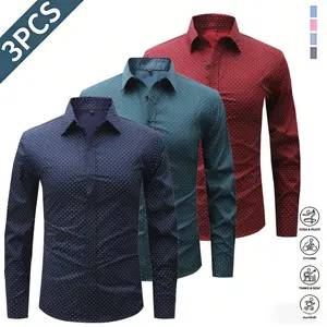 Three men’s long-sleeve polka dot shirts in a business-casual style featuring a classic pointed collar design with refined button detailing. The long-sleeve fit is suitable for multiple seasons, made from smooth, stretchy fabric that drapes well and feels