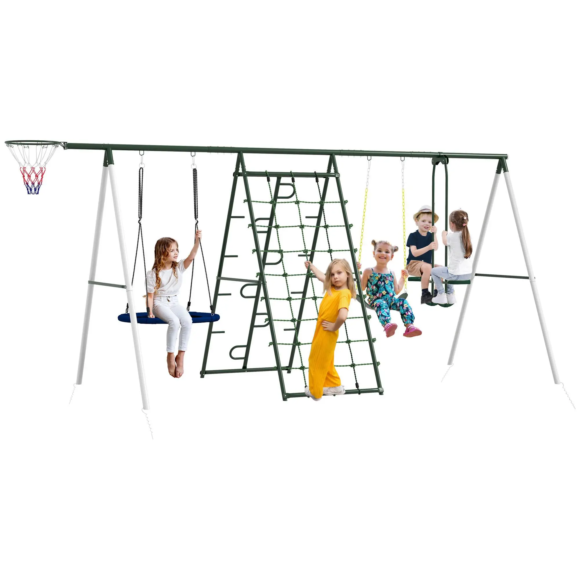 5 In 1, 2 Swings+1 Glider+Climbing Net+BB Hoop 