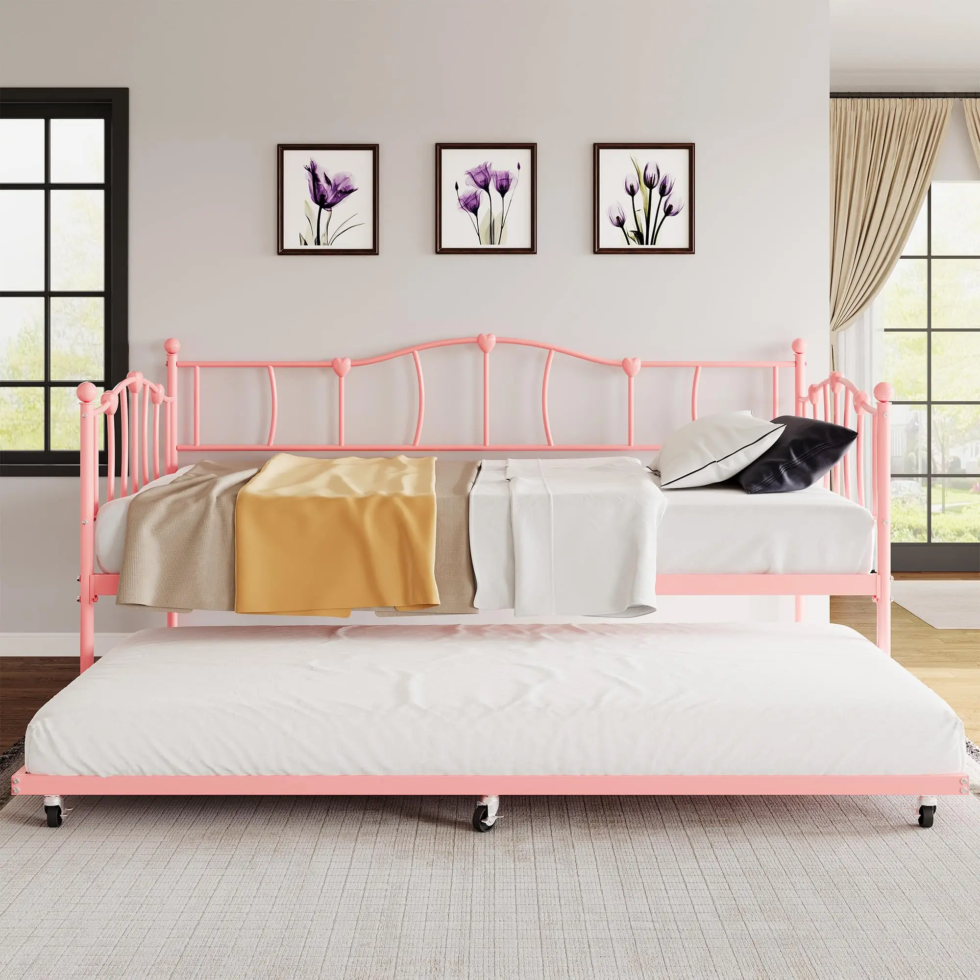 【GARVEE】Sofa Bed with Trundle, Height Adjustable Twin Daybed, Heavy Duty Metal Slats Support Multifunctional Bed, Daybed with Pull Out Trundle,  for Bedroom, Living Room, Guest Room (Twin)
