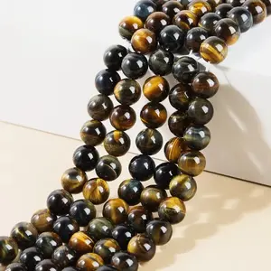 Natural Yellow Blue Tiger Eye Gemstone Smooth Round Loose Beads For DIY Jewelry Making Desig Handmade Crafts Bracelet, Necklace, Earrings AAA Quality 15.5 Inches Long, Semi Precious Stone, Spacer beads