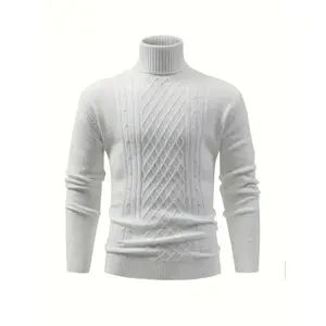 Casual Textured Men's Long Sleeve Turtleneck Stretch Knitted Pullover Sweater, Fall Winter Tops Cardigan Knitwear Black Beige Fabric Menswear