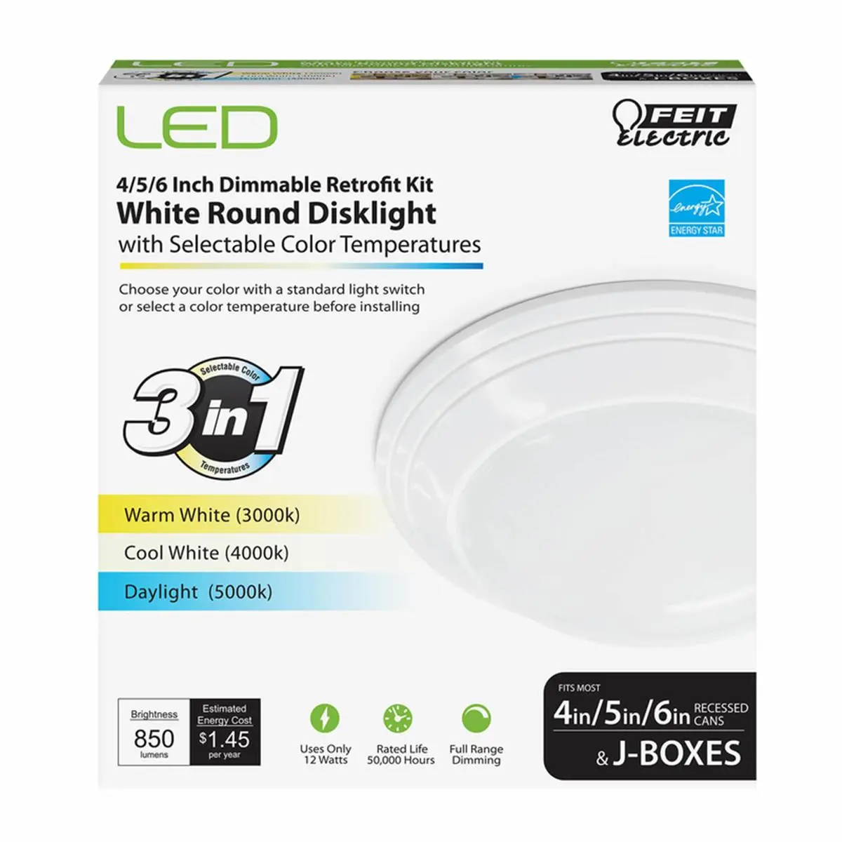 Feit Electric  4, 5 & 6 in. 12 watt LED Disklight Retrofit Kit - White, Dimmable