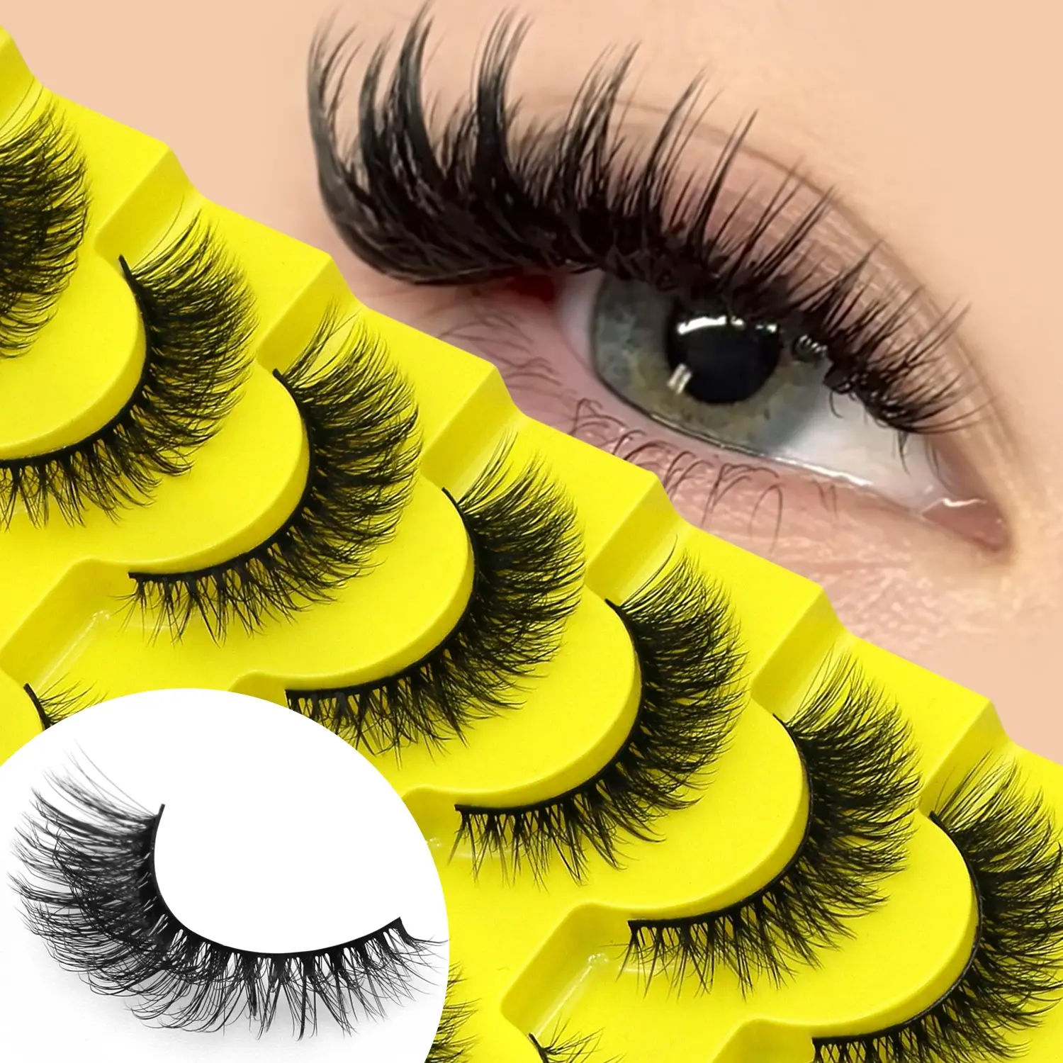 GROINNEYA 7 Pairs Fox Eye Lashes, Eyelash Falsies, Falsies Eyelashes, 5D Puffy, Fluffy False Lashes Criss Cross Lightweight Natural Look Faux Mink Lashes Wispy Soft, Thin Soft Band, Waterproof, Reusable, Suitable For Daily And Date, Beginner Friendly