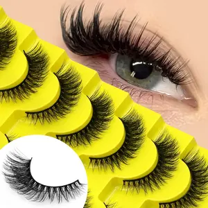 GROINNEYA 7 Pairs Fox Eye Lashes 5D Puffy, Fluffy, Airy False Lashes Criss Cross False Eyelashes Lightweight Natural Look Faux Mink Lahses Wispy Soft Fake Eyelashes,Thin Soft Band,Waterproof,Reusable,Suitable For Daily And Date,Beginnner Friendl