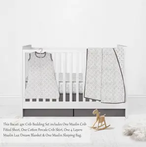 Bacati Love Aztec Arrows/Hearts Muslin 4 Piece Crib Bedding Set with Sleeping Bag - Grey/Silver