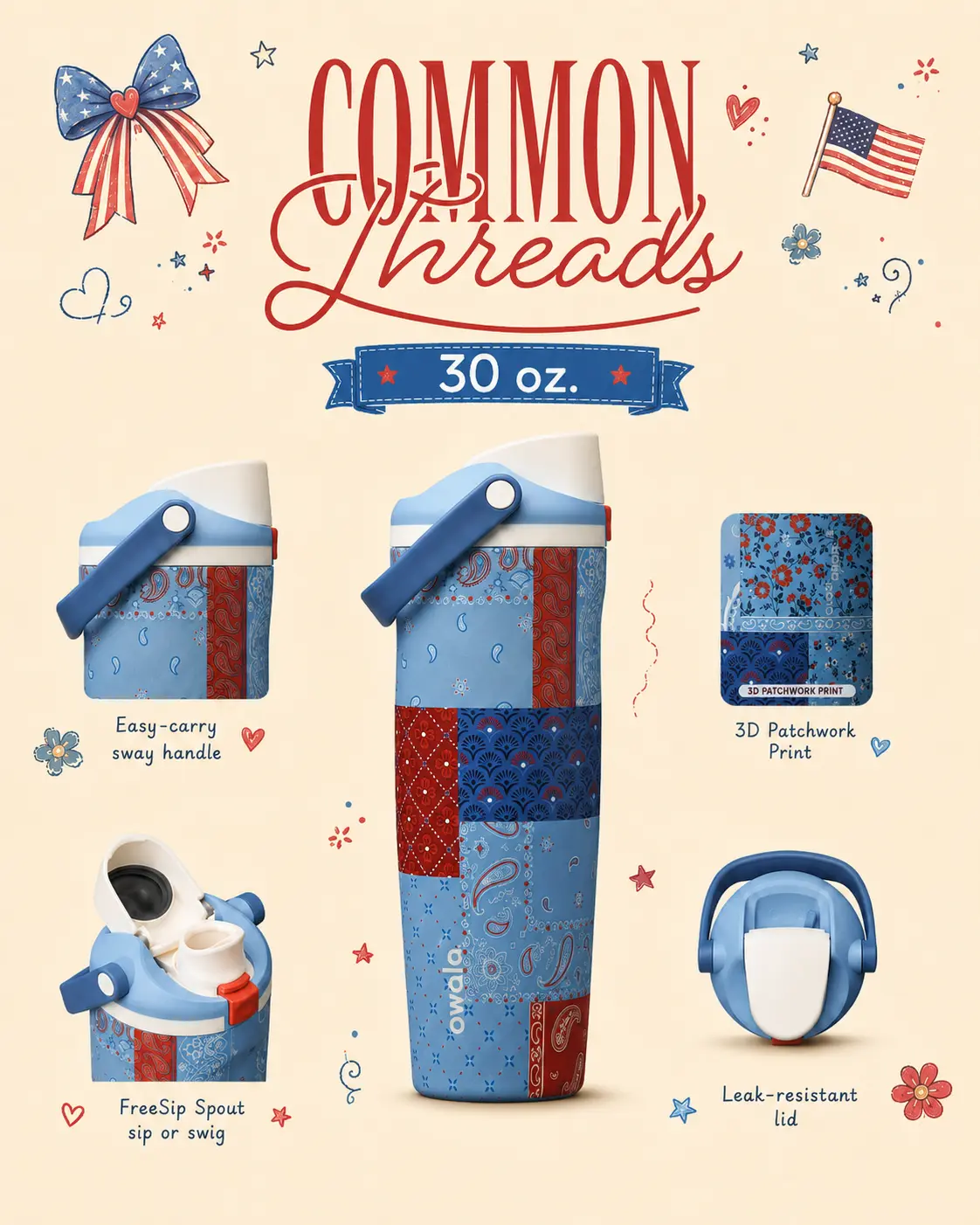 Owala Common Threads 30oz FreeSip Sway Water Bottle – America 250th Anniversary, USA Patriotic Limited Edition Leakproof Insulated Stainless Steel Tumbler